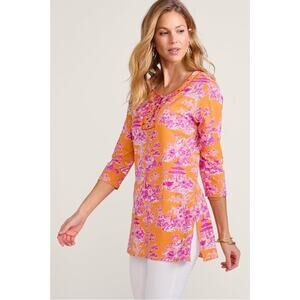 Soft Surroundings Rebecca Printed Knit Tunic Size XL Beaded Neck Knot Buttons